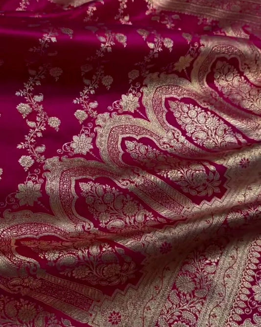 Manorama Magenta Banarasi Satin Saree with Golden Zari Floral Weave