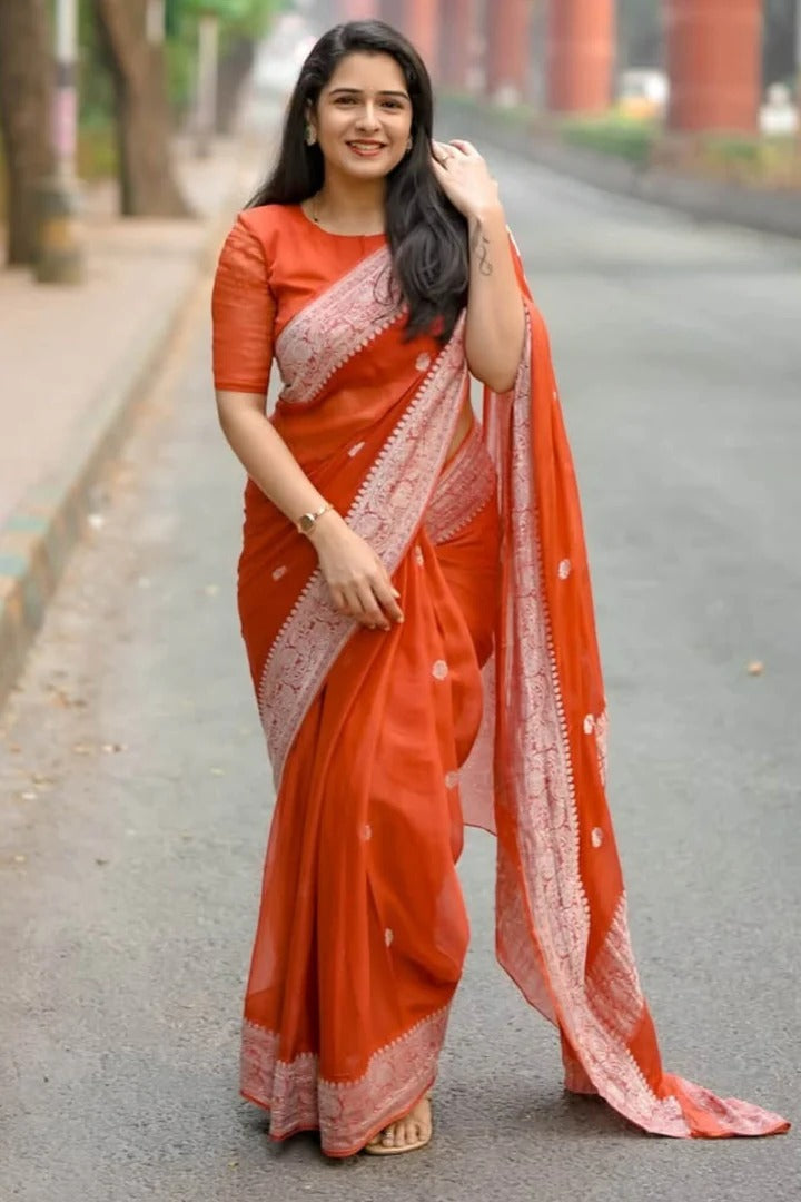 Nemesis Orange Linen Silk Saree With Delectable Blouse Piece