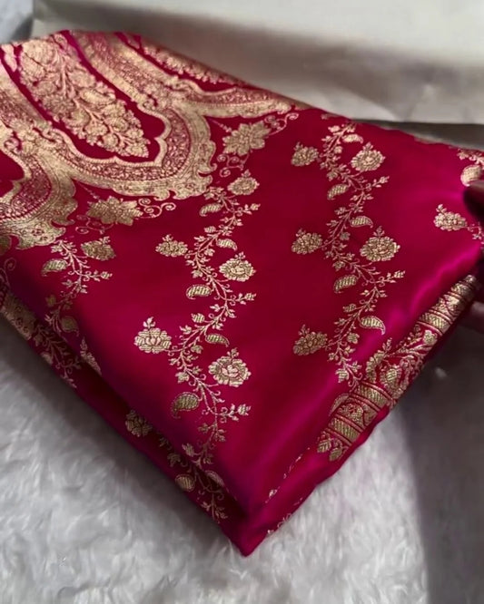 Manorama Magenta Banarasi Satin Saree with Golden Zari Floral Weave