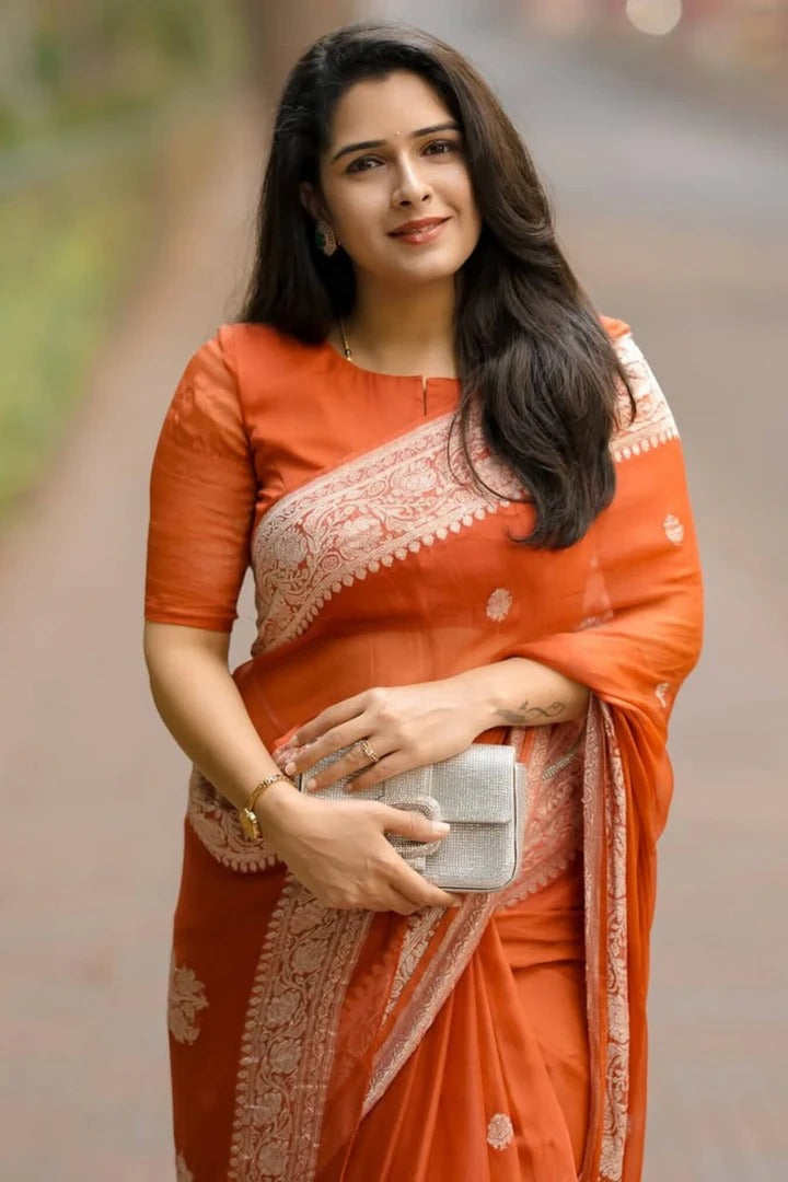 Nemesis Orange Linen Silk Saree With Delectable Blouse Piece