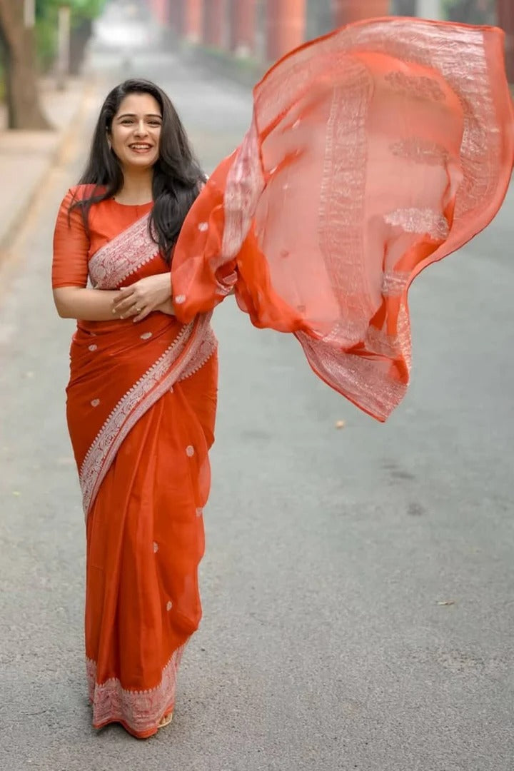 Nemesis Orange Linen Silk Saree With Delectable Blouse Piece