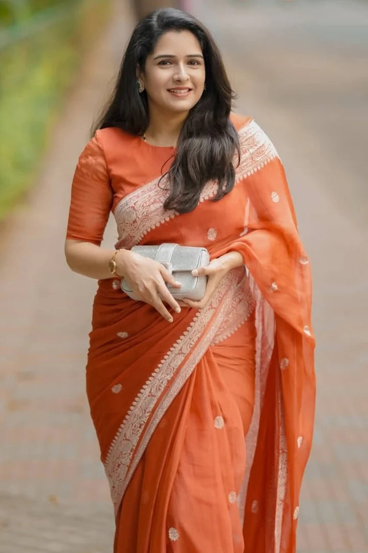 Nemesis Orange Linen Silk Saree With Delectable Blouse Piece