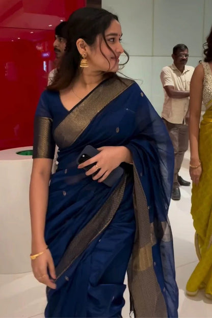 Designer Navy Blue Cotton Silk Saree With Gorgeous Blouse Piece
