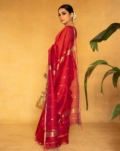Splendiferous Red Cotton Silk Saree With Assemblage Blouse Piece