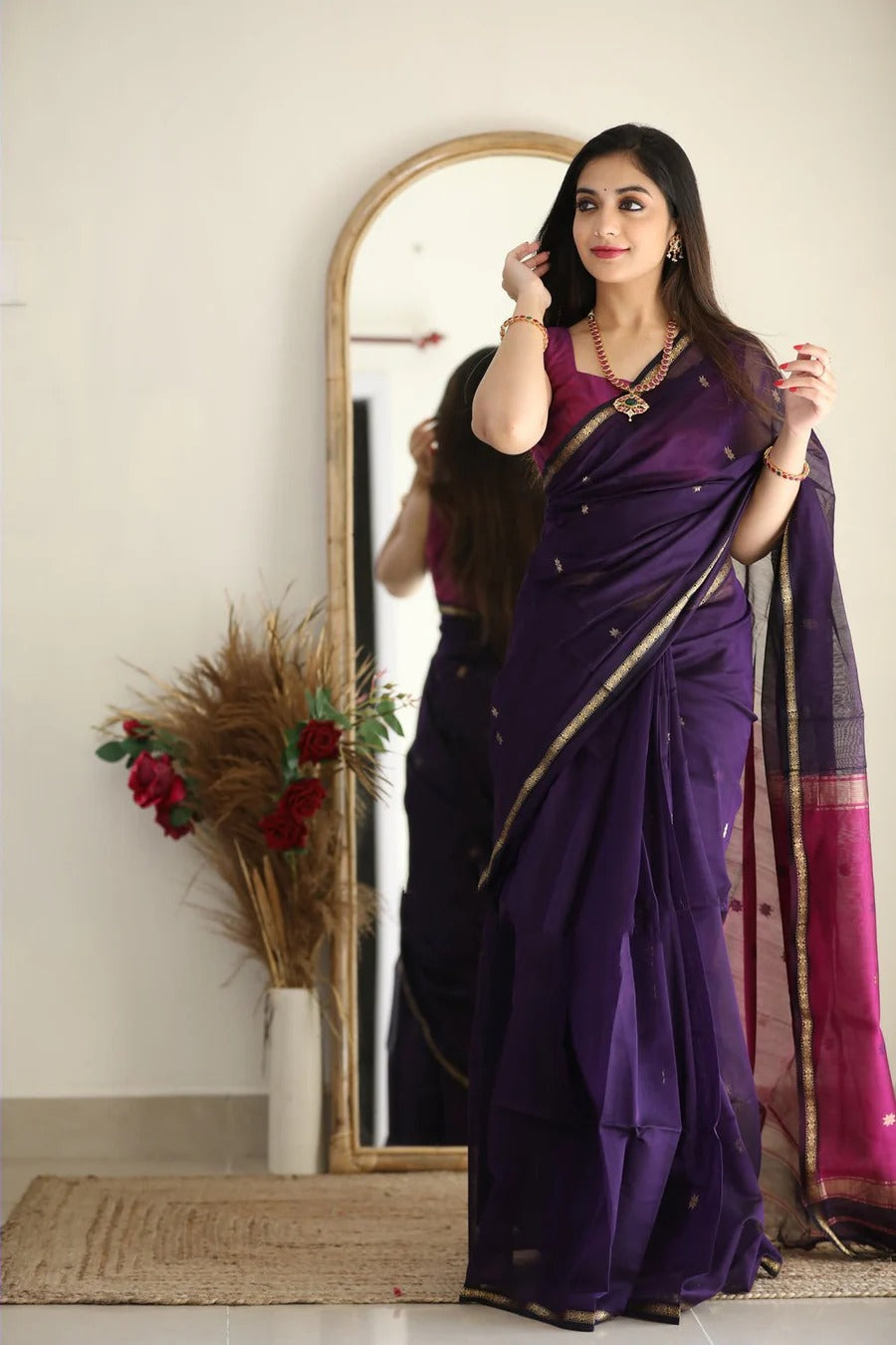 Luxuriant Purple Cotton Silk Saree With Elision Blouse Piece
