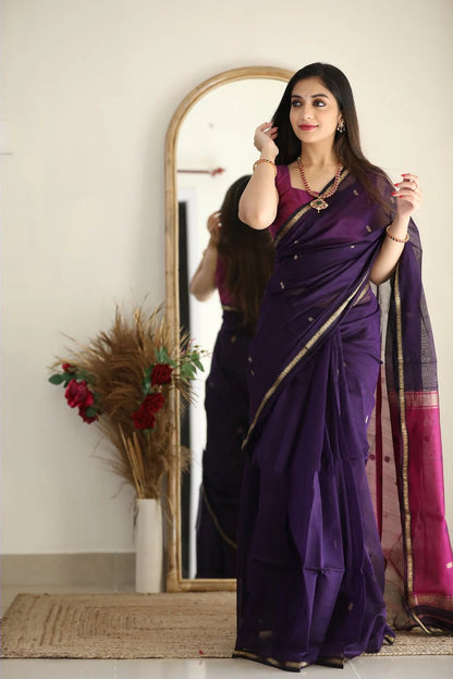 Luxuriant Purple Cotton Silk Saree With Elision Blouse Piece