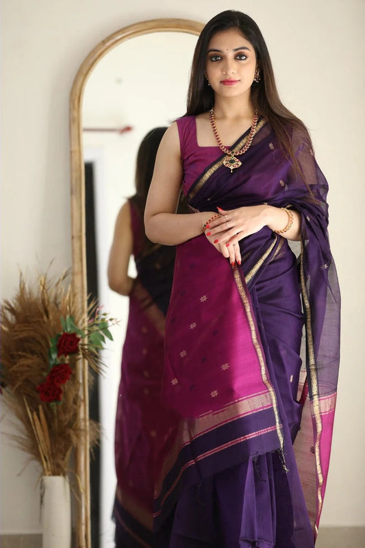 Luxuriant Purple Cotton Silk Saree With Elision Blouse Piece