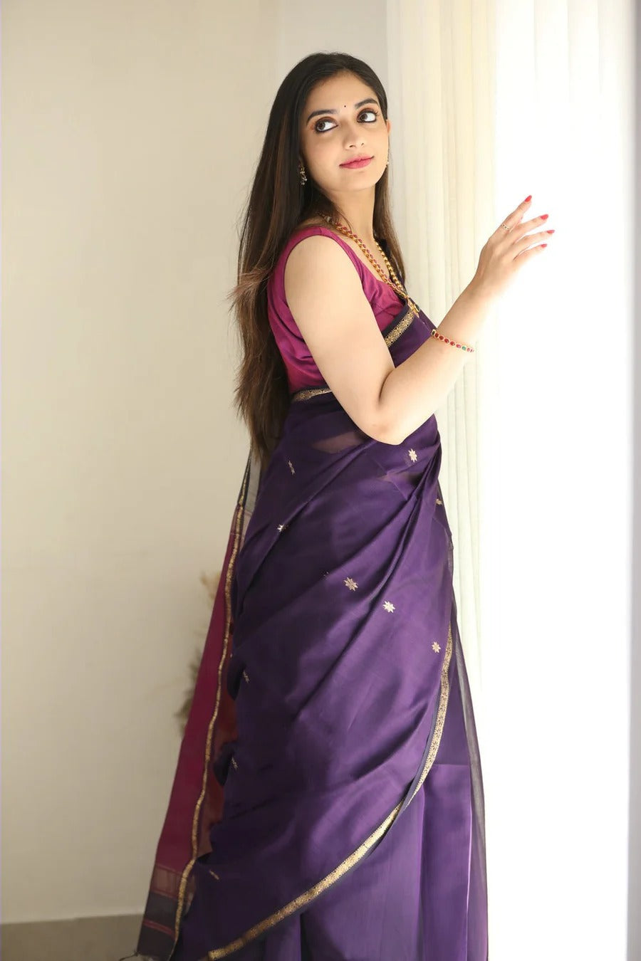 Luxuriant Purple Cotton Silk Saree With Elision Blouse Piece