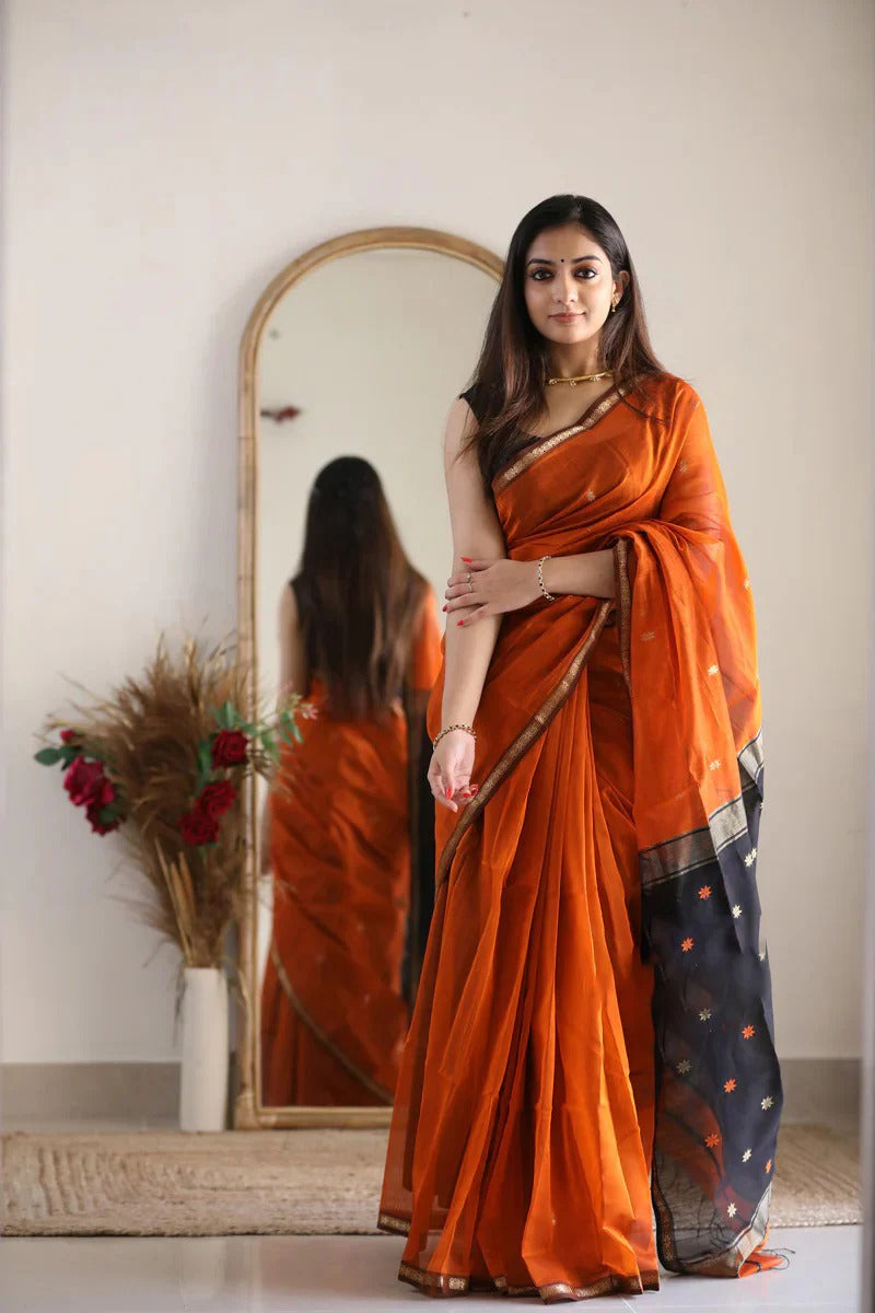 Phenomenal Orange Cotton Silk Saree With Refreshing Blouse Piece