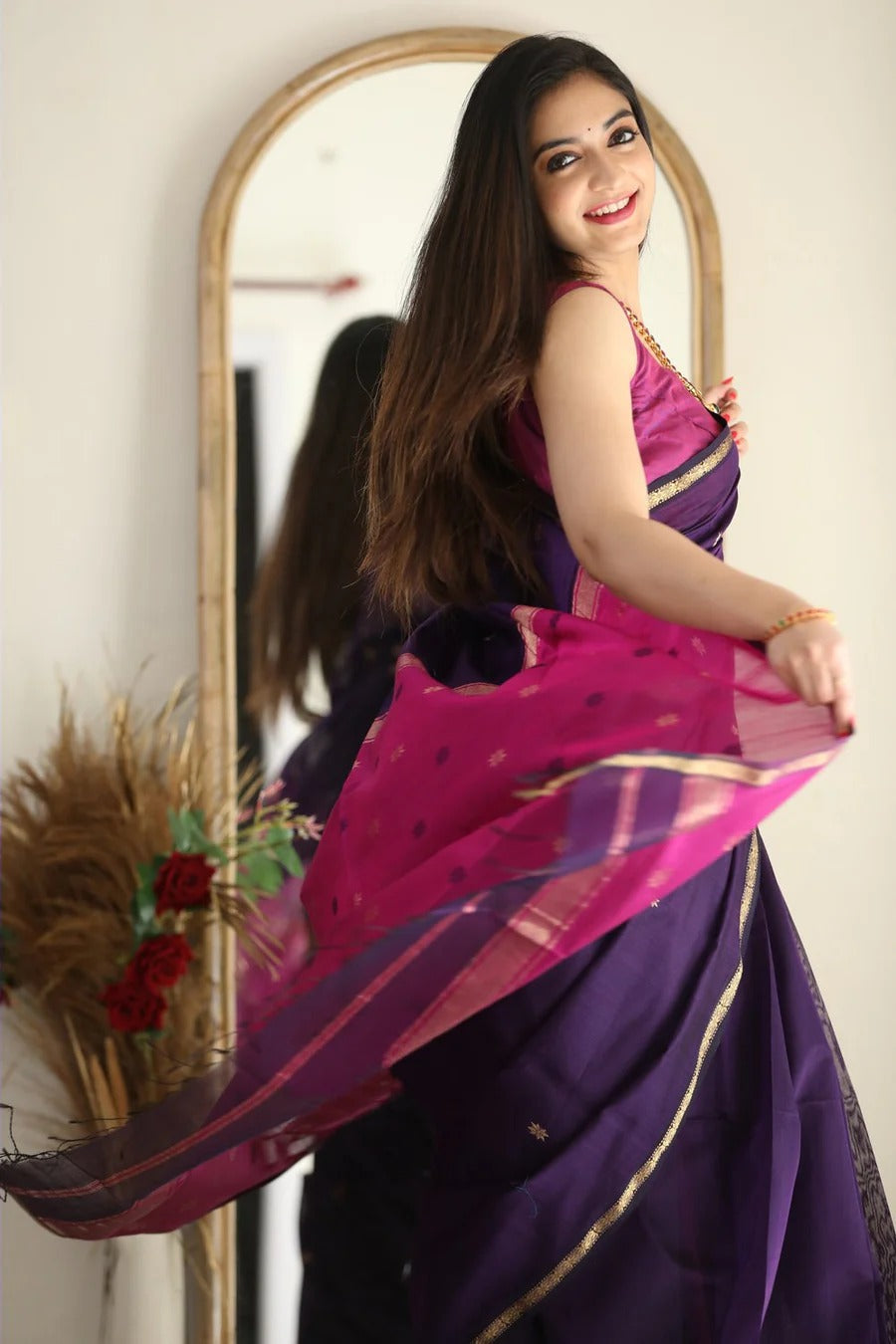 Luxuriant Purple Cotton Silk Saree With Elision Blouse Piece