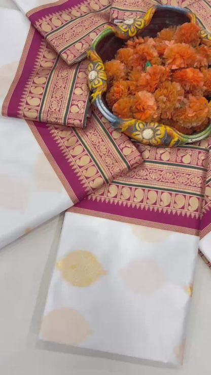White Purple Border Silk Saree