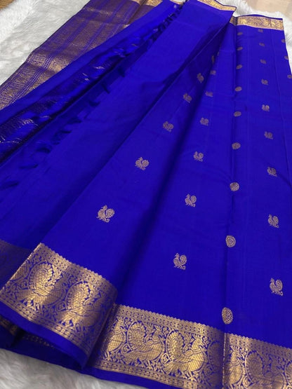 Royal Blue Kanjivaram silk saree with Mayil chakram butta pattern