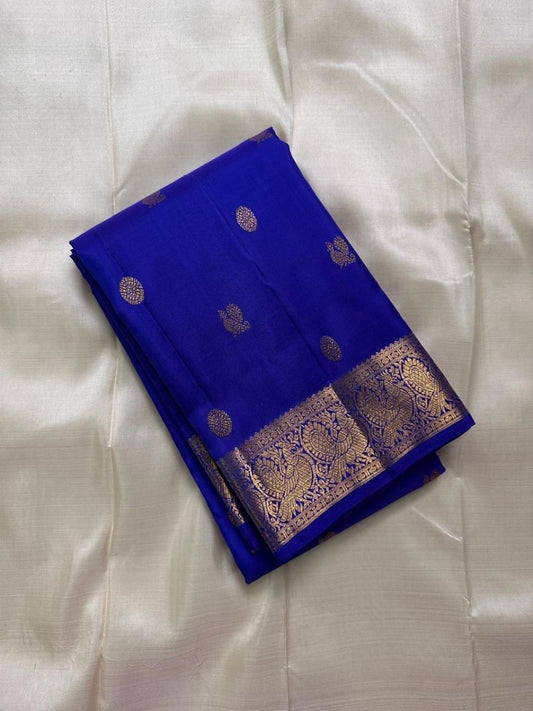 Royal Blue Kanjivaram silk saree with Mayil chakram butta pattern