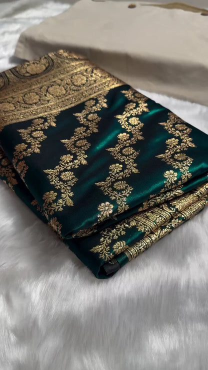 DARK TEAL GREEN BANARASI SILK SAREE WITH HEAVY GOLD ZARI FLORAL JAAL & RICH TRADITIONAL BORDER