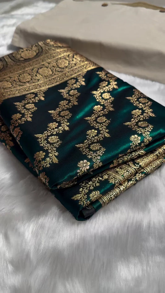 DARK TEAL GREEN BANARASI SILK SAREE WITH HEAVY GOLD ZARI FLORAL JAAL & RICH TRADITIONAL BORDER