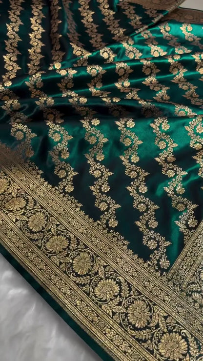 DARK TEAL GREEN BANARASI SILK SAREE WITH HEAVY GOLD ZARI FLORAL JAAL & RICH TRADITIONAL BORDER