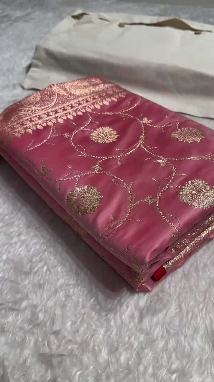 ROSE PINK BANARASI SILK SAREE WITH GOLD ZARI FLORAL JAAL & HEAVY TRADITIONAL BORDER