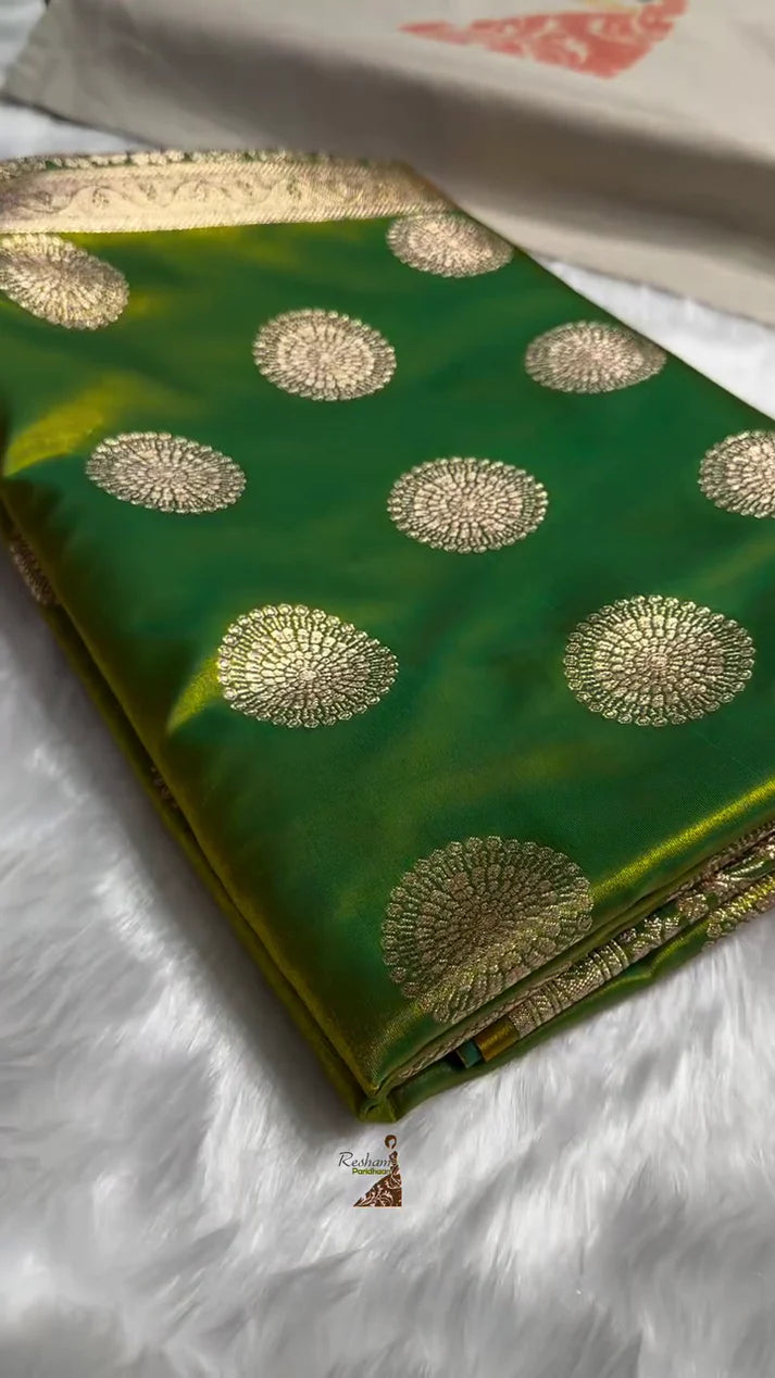 EMERALD GREEN SATIN SILK SAREE WITH GRAND GOLDEN ZARI CIRCULAR MOTIFS AND BORDER