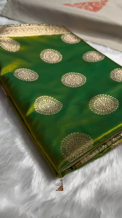 EMERALD GREEN SATIN SILK SAREE WITH GRAND GOLDEN ZARI CIRCULAR MOTIFS AND BORDER