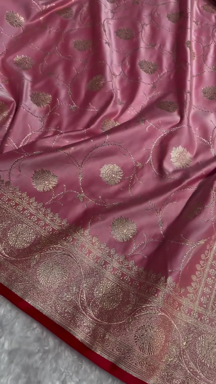 ROSE PINK BANARASI SILK SAREE WITH GOLD ZARI FLORAL JAAL & HEAVY TRADITIONAL BORDER