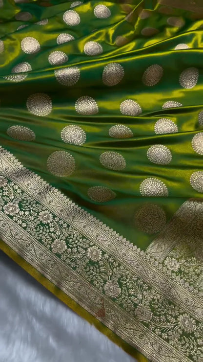 EMERALD GREEN SATIN SILK SAREE WITH GRAND GOLDEN ZARI CIRCULAR MOTIFS AND BORDER