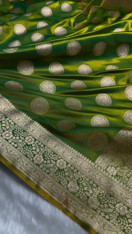 EMERALD GREEN SATIN SILK SAREE WITH GRAND GOLDEN ZARI CIRCULAR MOTIFS AND BORDER
