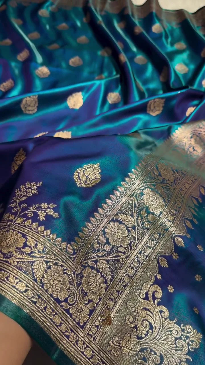 BLUE SATIN SILK SAREE WITH RICH GOLDEN ZARI BORDER AND FLORAL MOTIFS