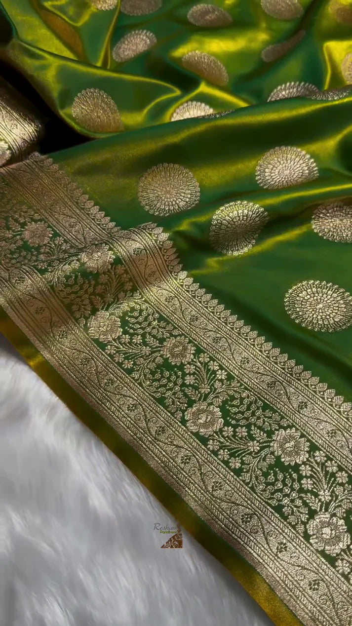 EMERALD GREEN SATIN SILK SAREE WITH GRAND GOLDEN ZARI CIRCULAR MOTIFS AND BORDER