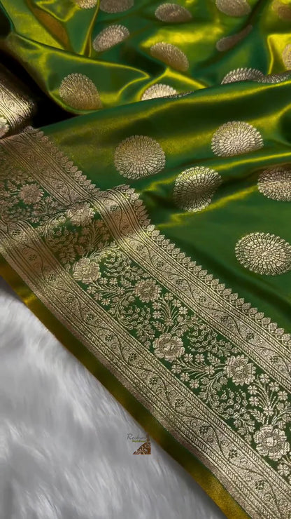 EMERALD GREEN SATIN SILK SAREE WITH GRAND GOLDEN ZARI CIRCULAR MOTIFS AND BORDER
