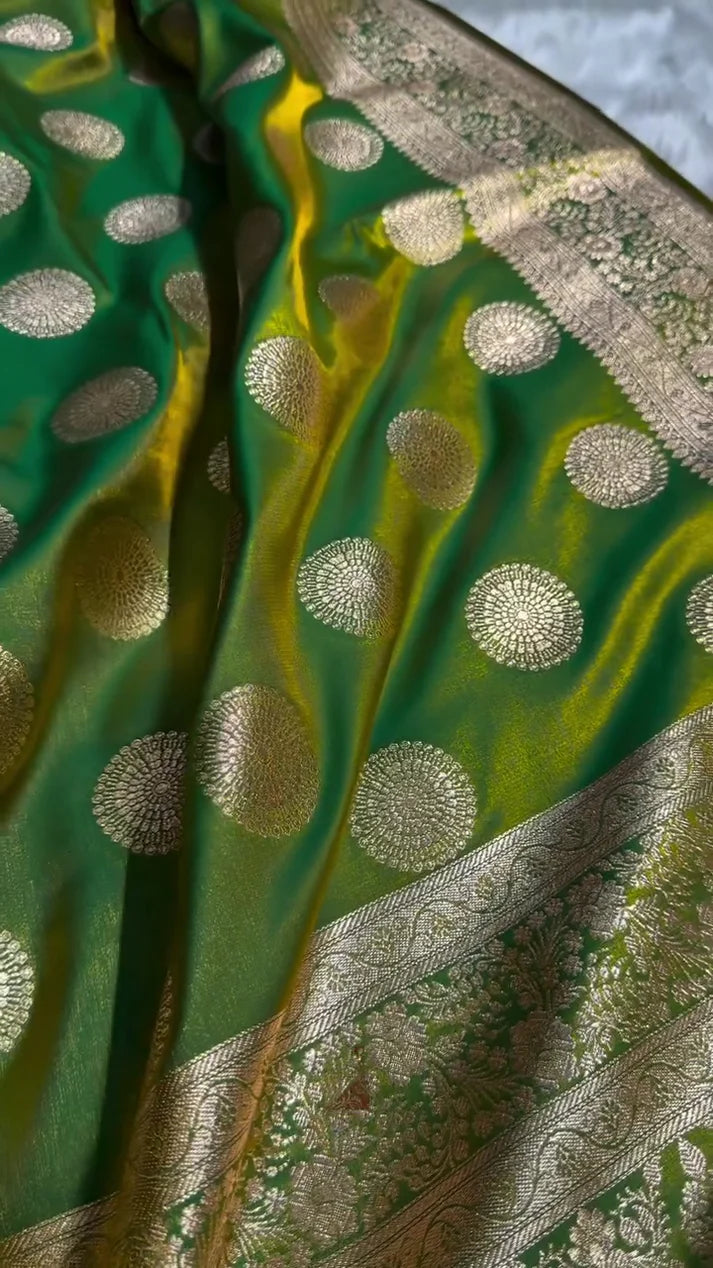 EMERALD GREEN SATIN SILK SAREE WITH GRAND GOLDEN ZARI CIRCULAR MOTIFS AND BORDER