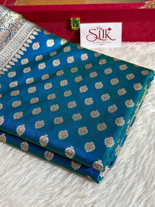 DhupChav Motif Satin Silk Banarasi Saree with Golden Zari