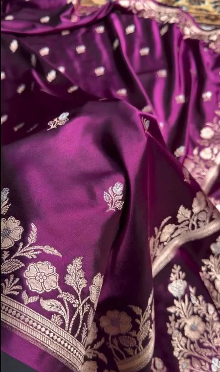 Keyuri Purple Banarasi Silk Saree with Silver Zari Butti & Floral Border